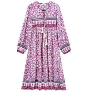 R.Vivimos Women's Long Sleeve Floral Print V Neck Tassel Bohemian Midi Dress